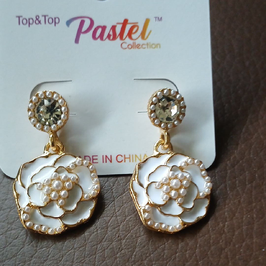 Gold And White Floral Earrings